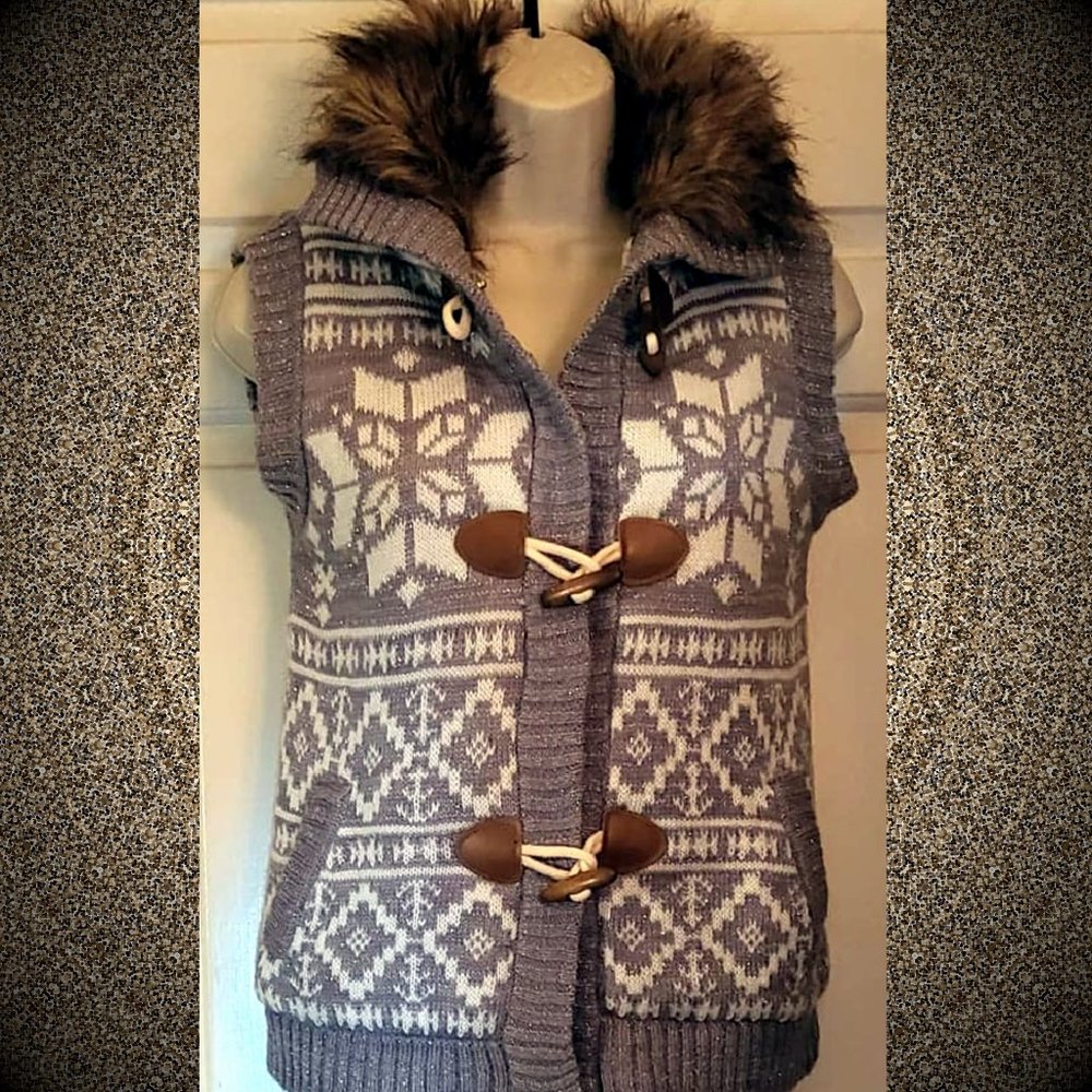 Pink Republic Brand Faux Fur Collar, Faux Sheepskin Lined Knit Vest